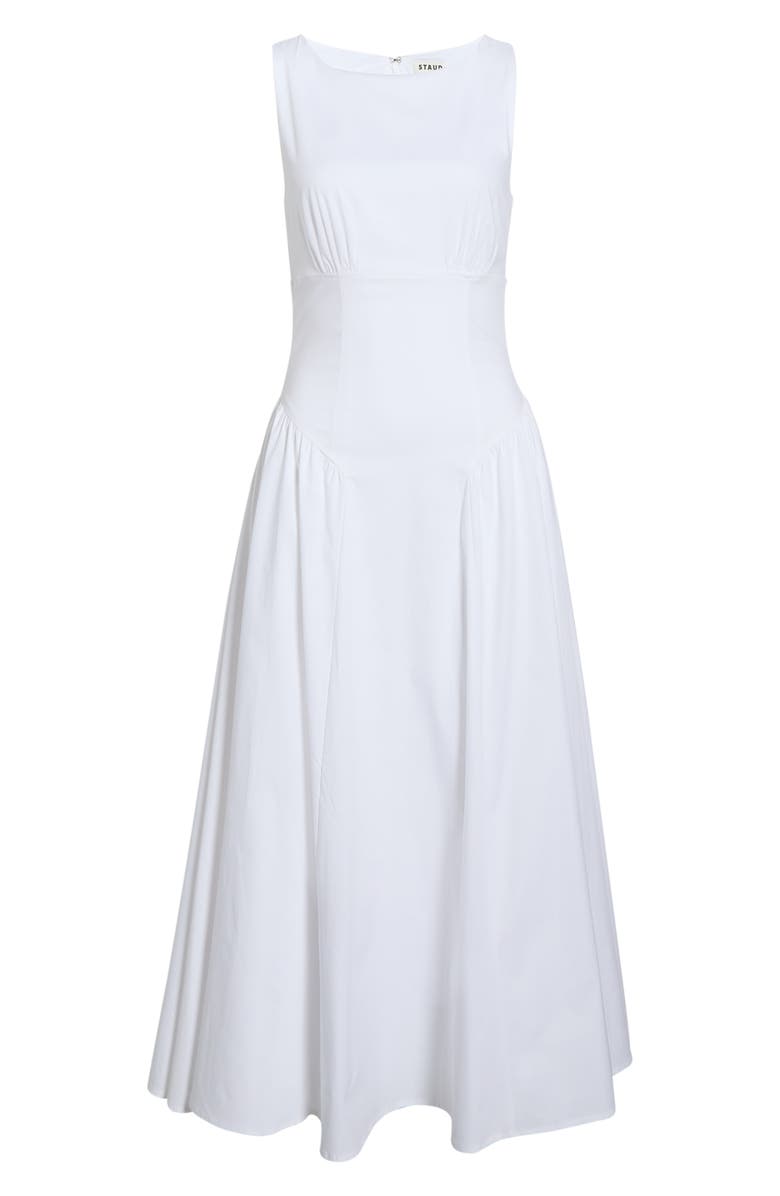 STAUD Gwen Shaped Waist Stretch Cotton Dress, Main, color, White