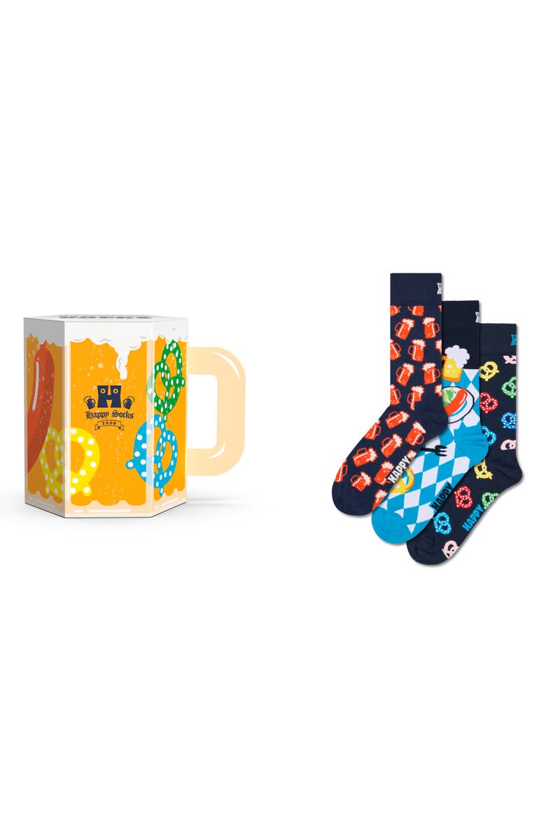 Happy Socks Assorted 3-Pack Beer Glass Cotton Blend Socks Gift Box, Main, color, Navy