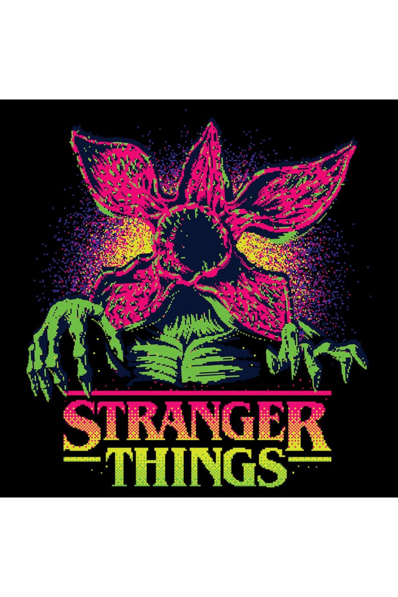 Netflix Men's Stranger Things Demogorgon Neon Pixel Logo T Shirt, Alternate, color, Black