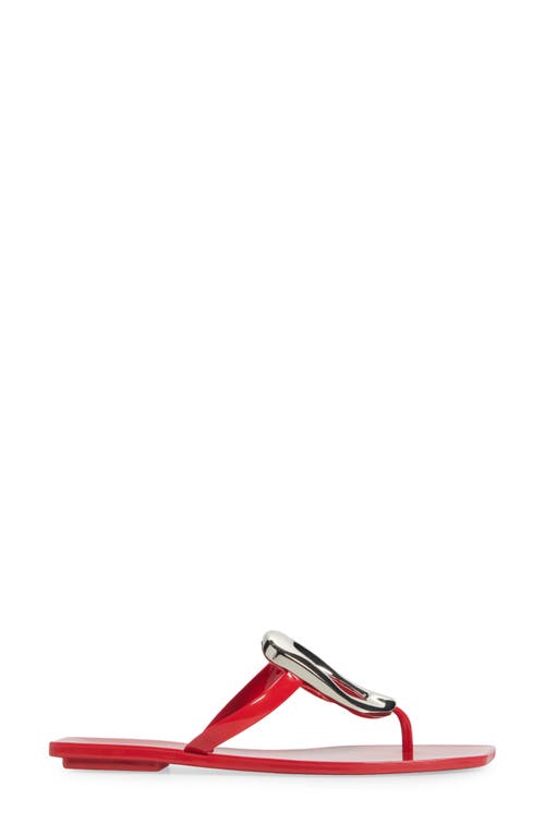 Jeffrey Campbell Linques-j Embellished T-strap Flat Jelly Sandals In Red Shiny Silver