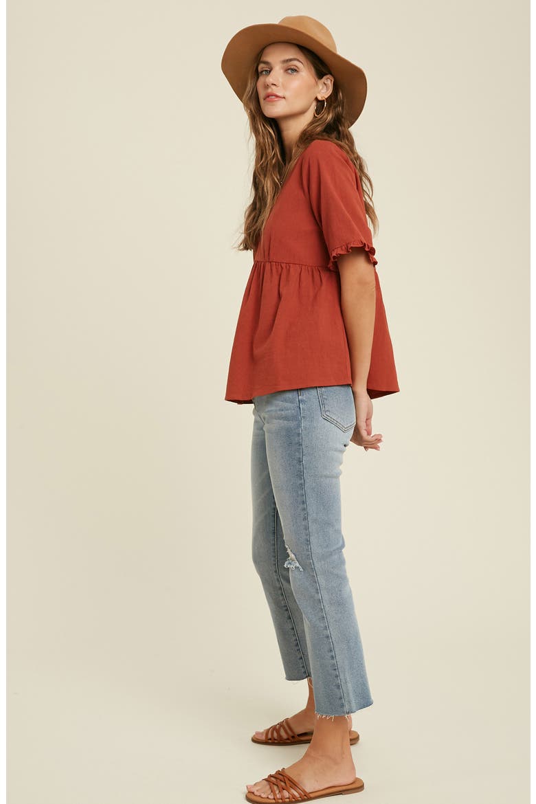 V-Neck Elbow-Length Sleeve Babydoll Top, Alternate, color, RUST