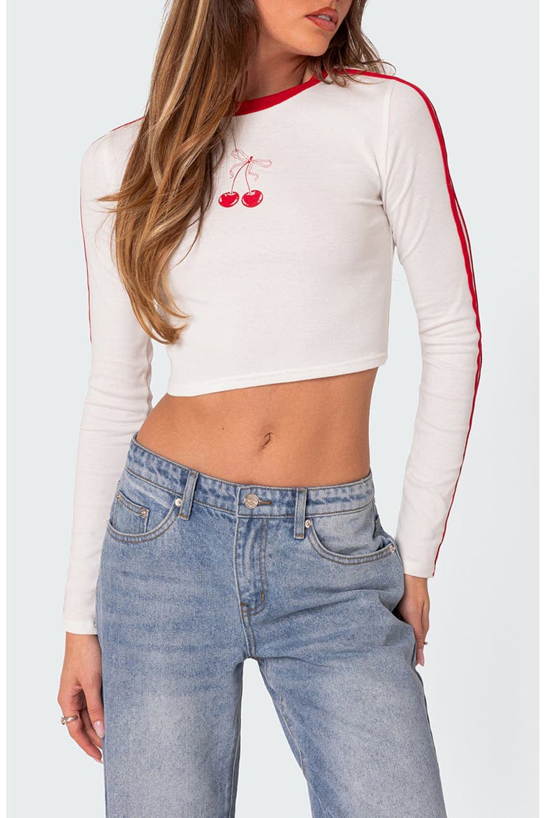 Cherry on Top Long Sleeve Crop Top, Main, color, WHITE