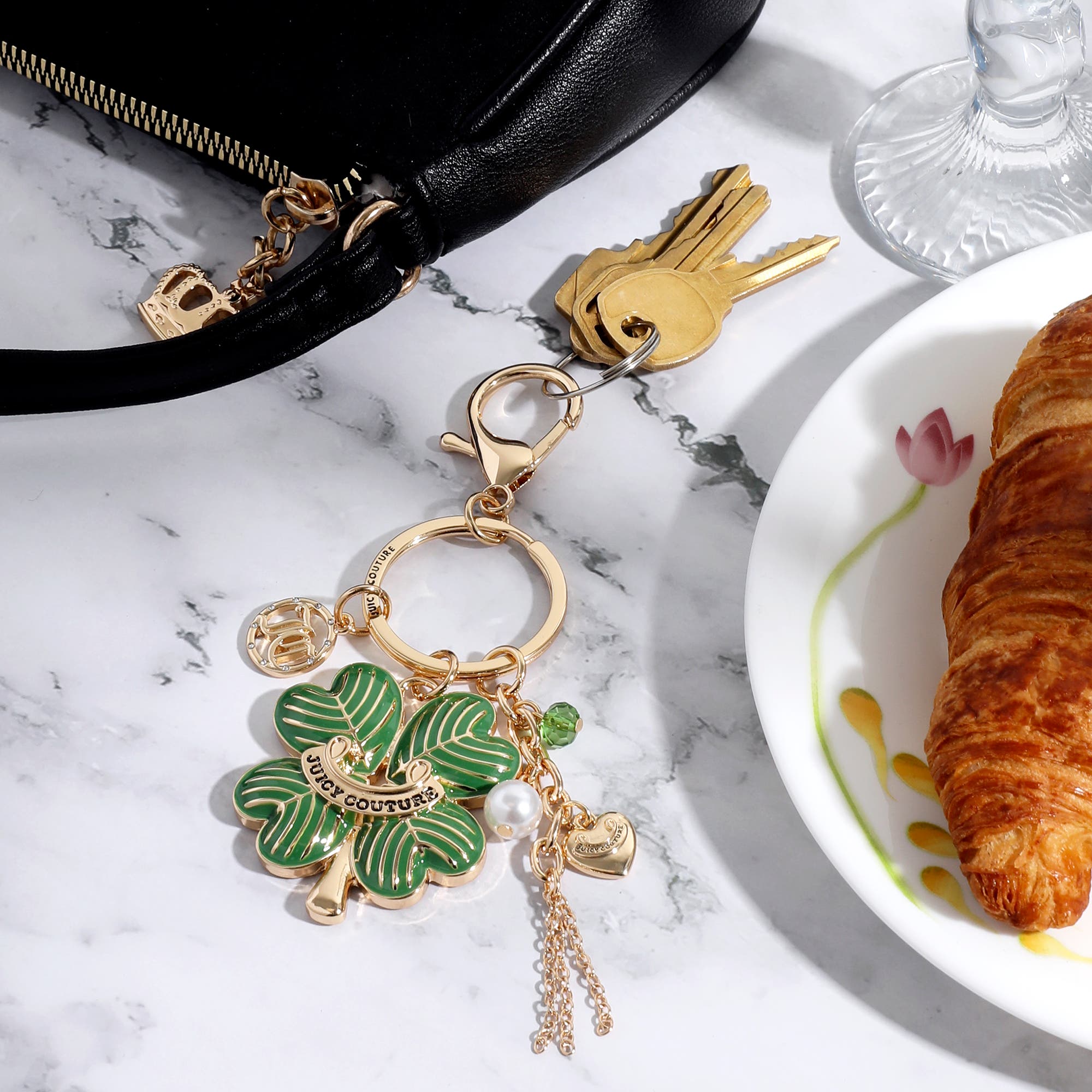 Juicy Couture Lucky Clover Charm Keychain, Alternate, color, Green, Gold