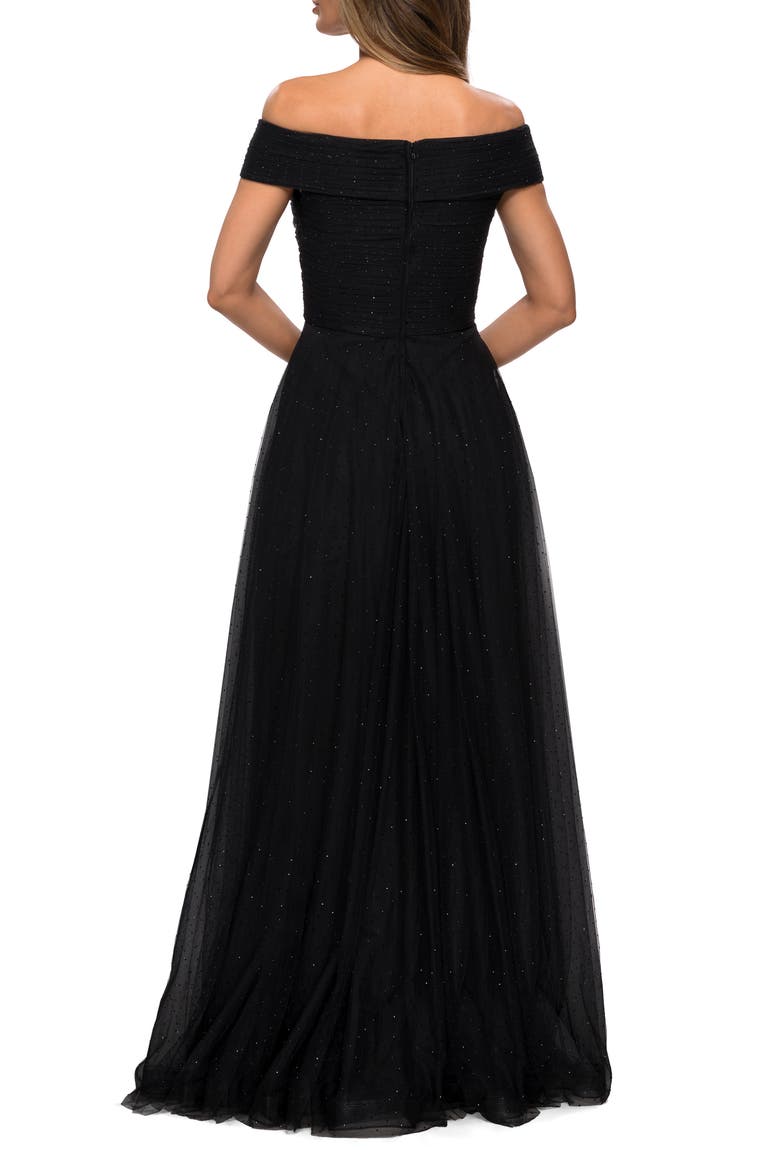 Tulle Off the Shoulder A-line Dress with Rhinestones, Alternate, color, BLACK