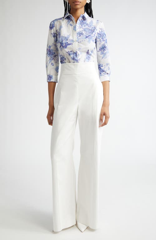 Carolina Herrera Blur Floral Button-down Icon Blouse In Ivory/blue