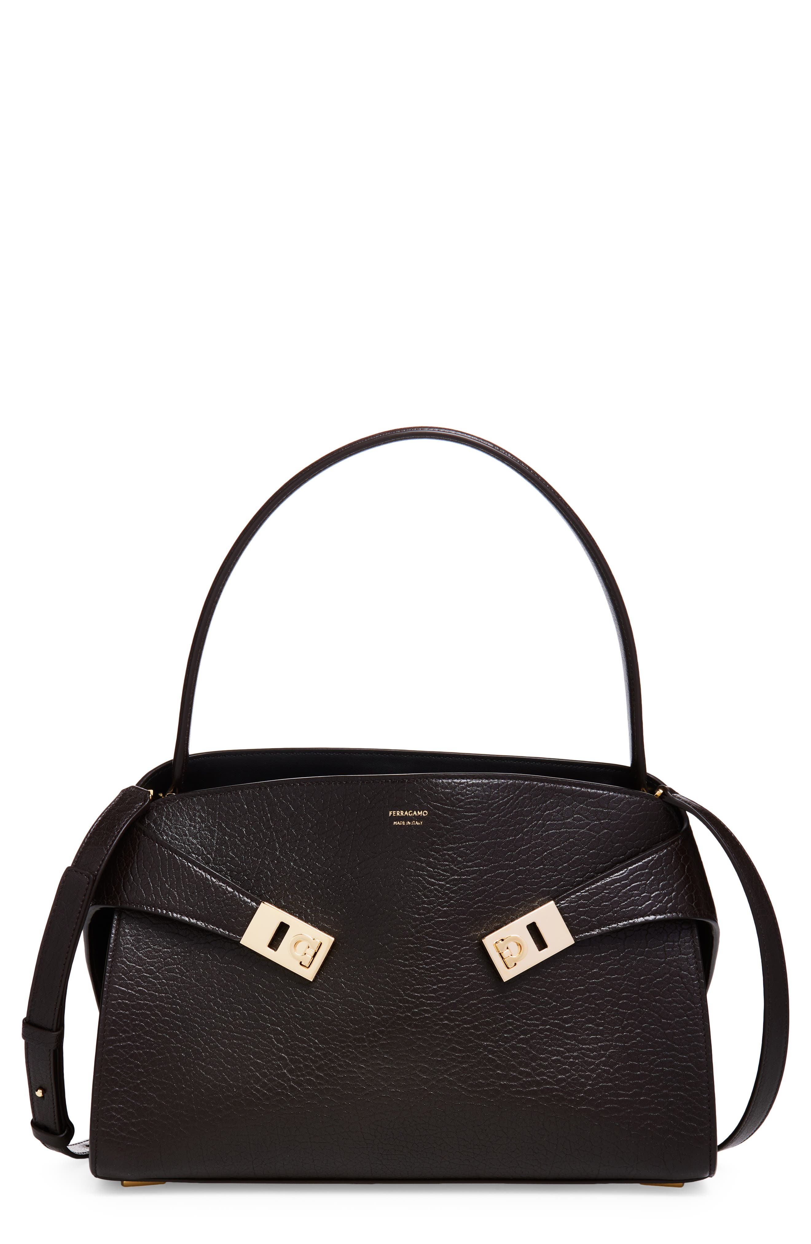 FERRAGAMO Small Hug Grained Leather Top Handle Bag, Main, color, Nero