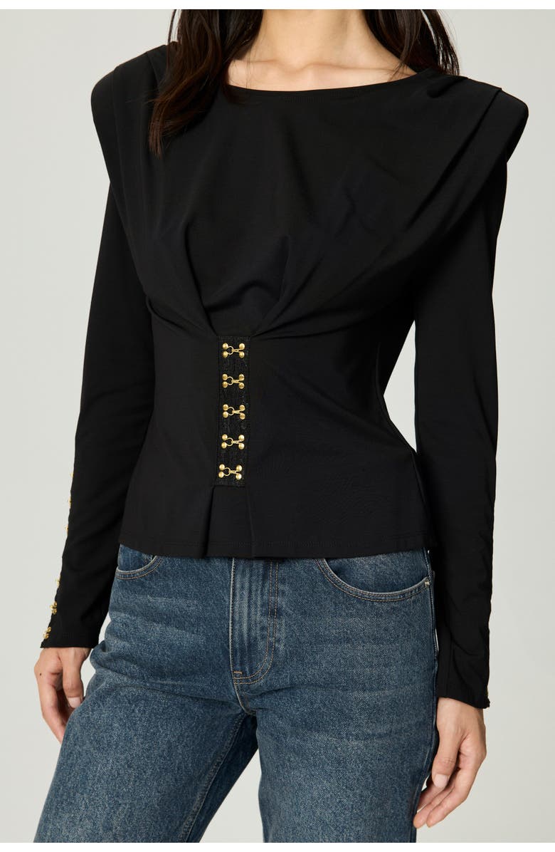 Nocturne Hook-Detail Pleated Knit Blouse, Main, color, Black