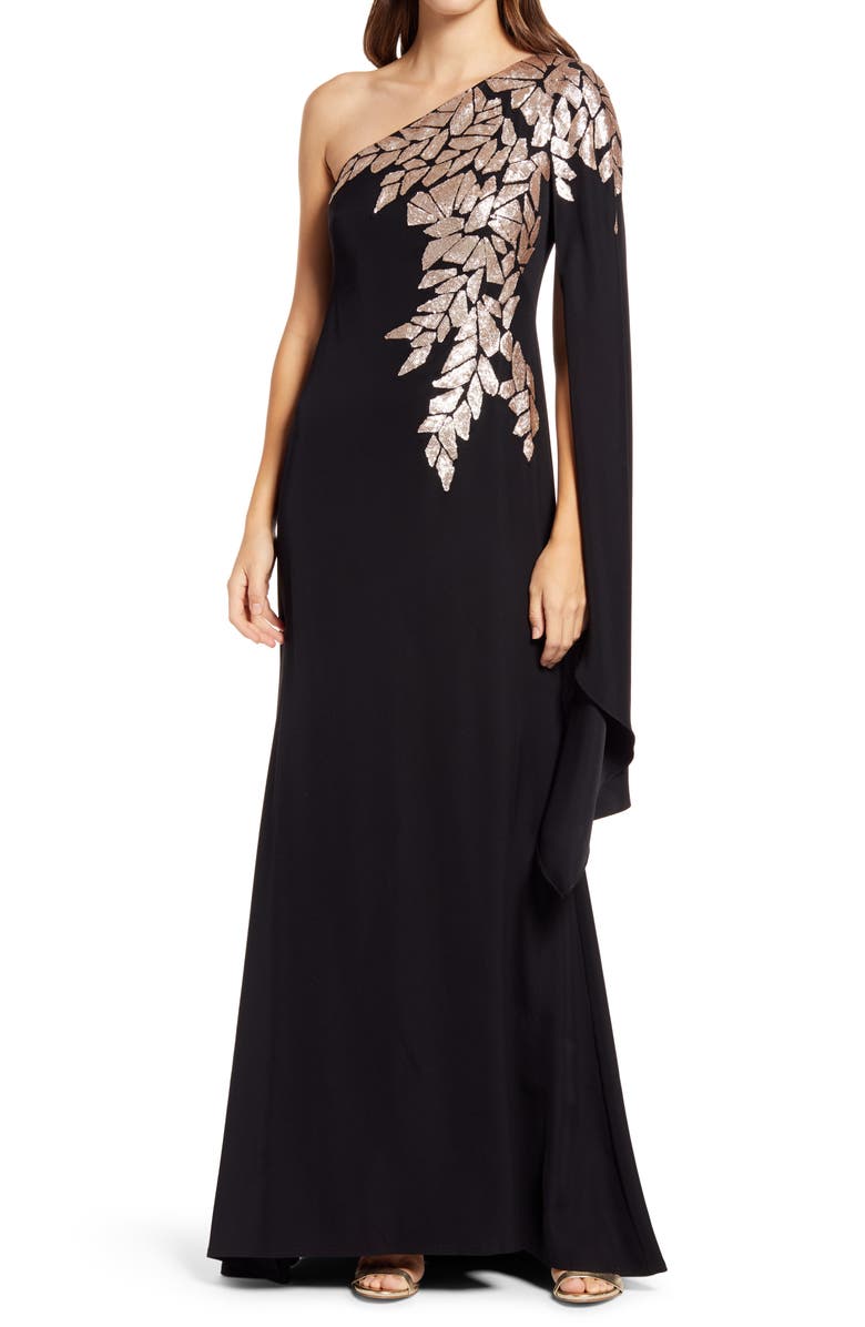 Tadashi Shoji One-Shoulder Cape Sleeve Crepe Gown, Main, color,