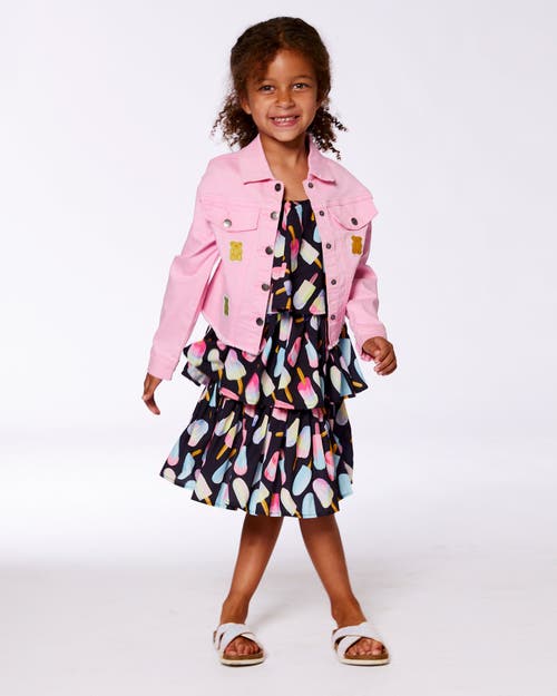 Deux Par Deux Girl's Jean Jacket With Embroidery Pink And Multicolored Gummies In Pink And Multicolored Gummies