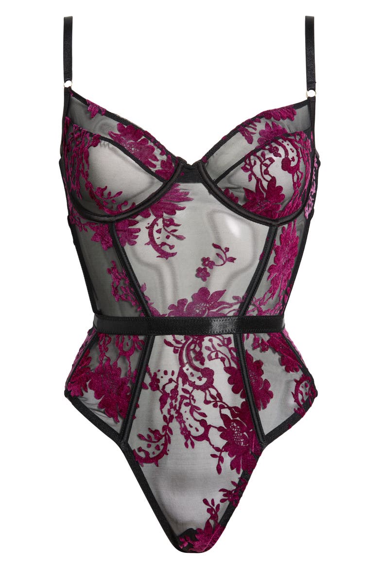 Floral Flocked Underwire Teddy, Main, color, BLACK-BOYSENBERRY