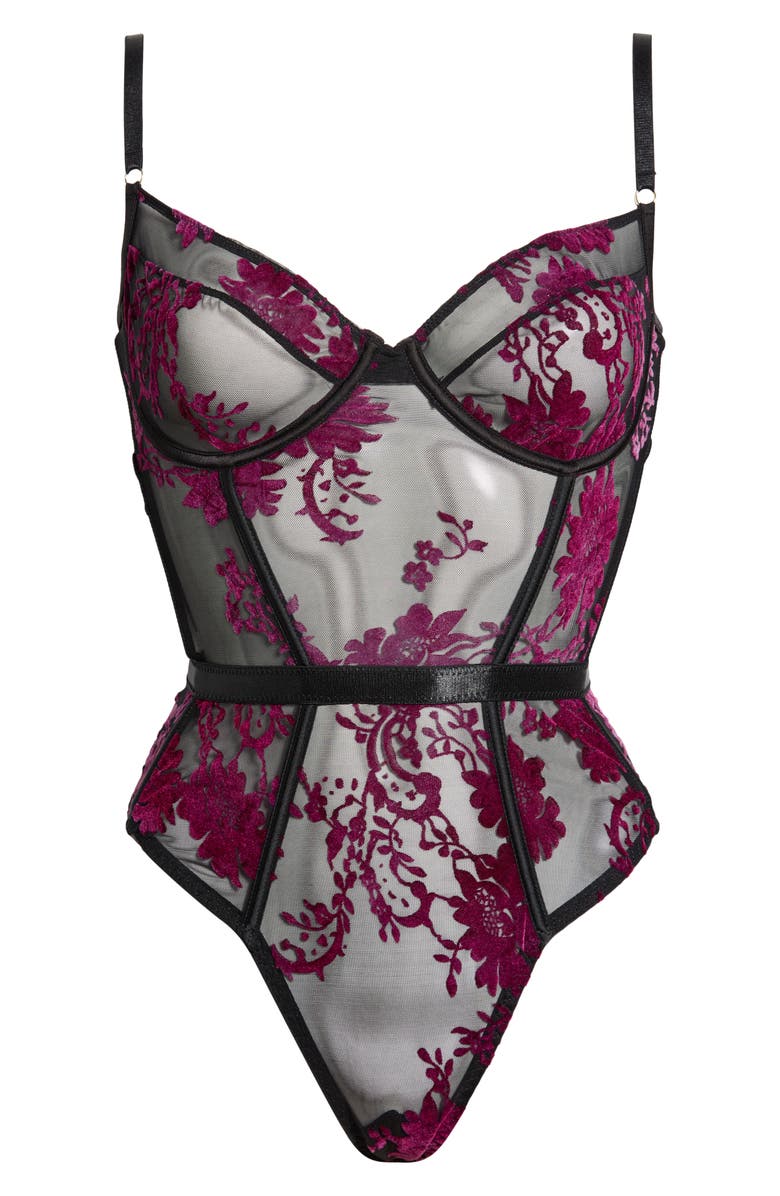 KILO BRAVA Floral Flocked Underwire Teddy, Main, color, Black-Boysenberry