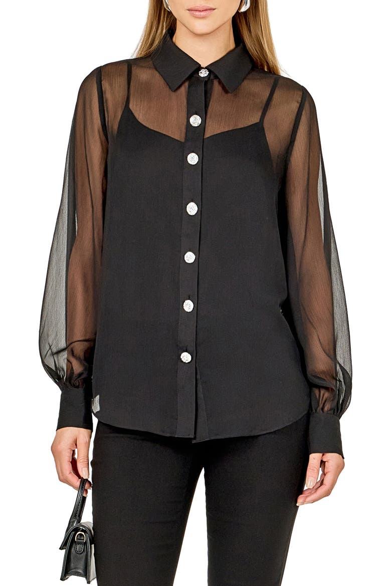 Volume Sleeve Sheer Shirt, Main, color, BLACK
