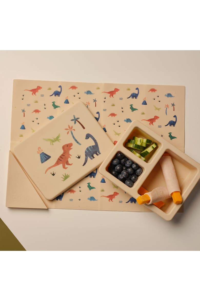 Silicone Mini Bento Box and Foldable Placemat, Alternate, color, Dinosaur Warm Cream