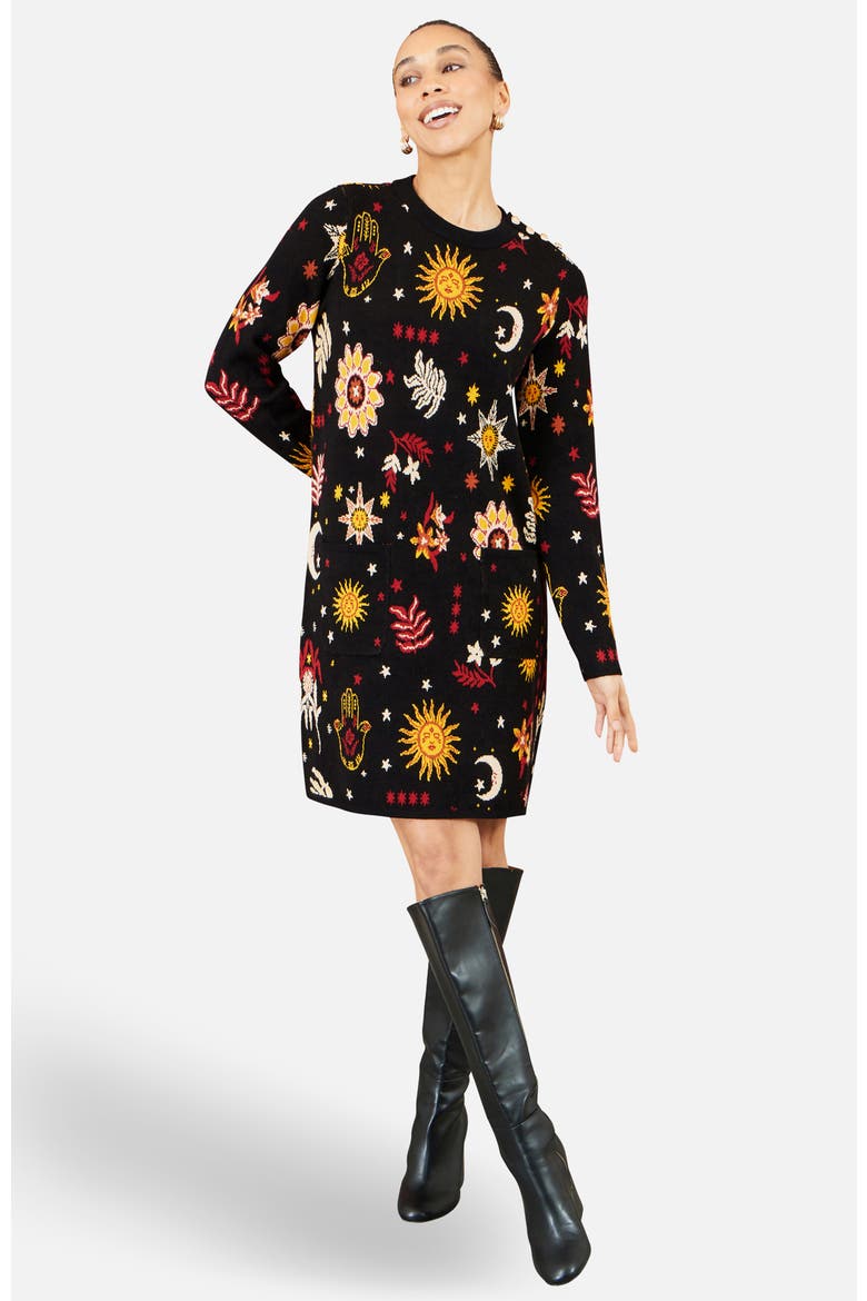 Cosmic Intarsia Knitted Dress, Alternate, color, Black