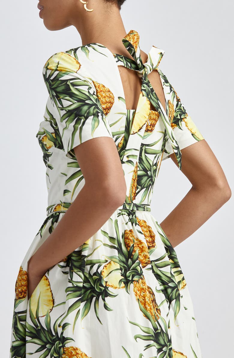 Oscar de la Renta Pineapple Poplin Belted Midi Dress, Alternate, color, 