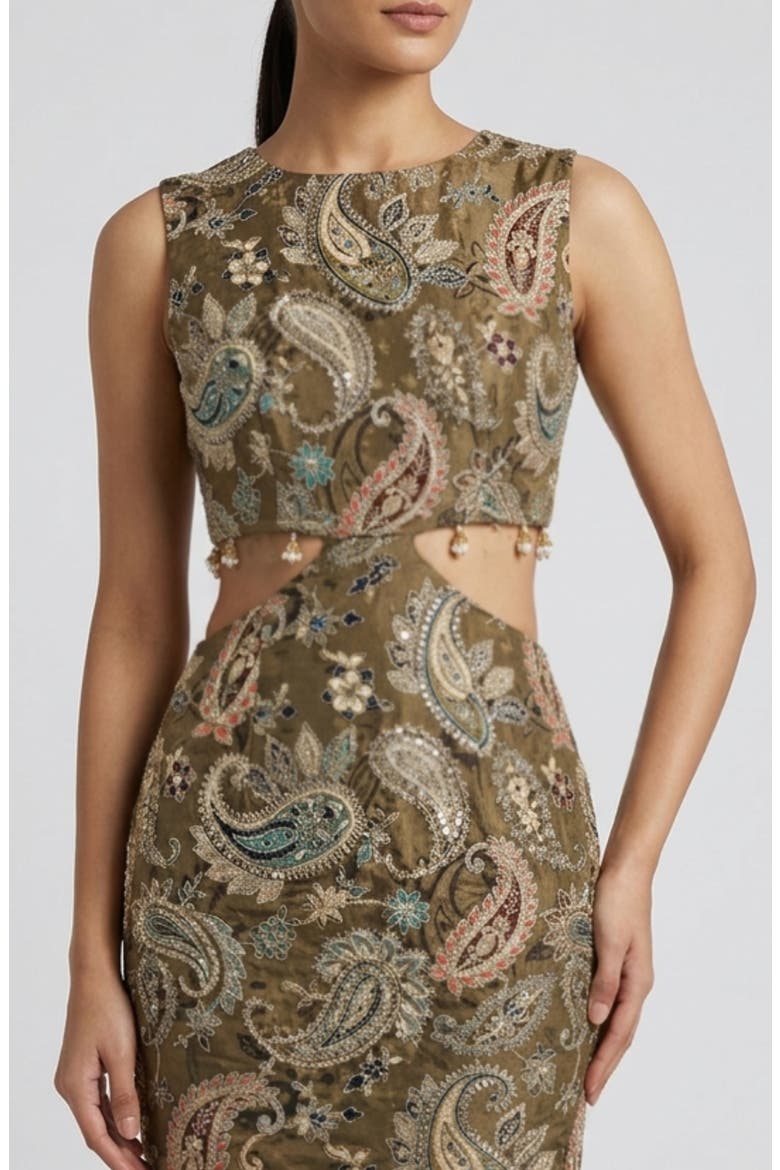 Roma Paisley Cutout Sheath Dress, Alternate, color, GREEN