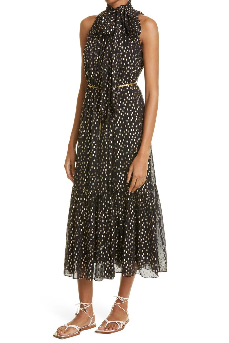 Tie Neck Silk Fil Coupé Midi Dress, Alternate, color, BLACK