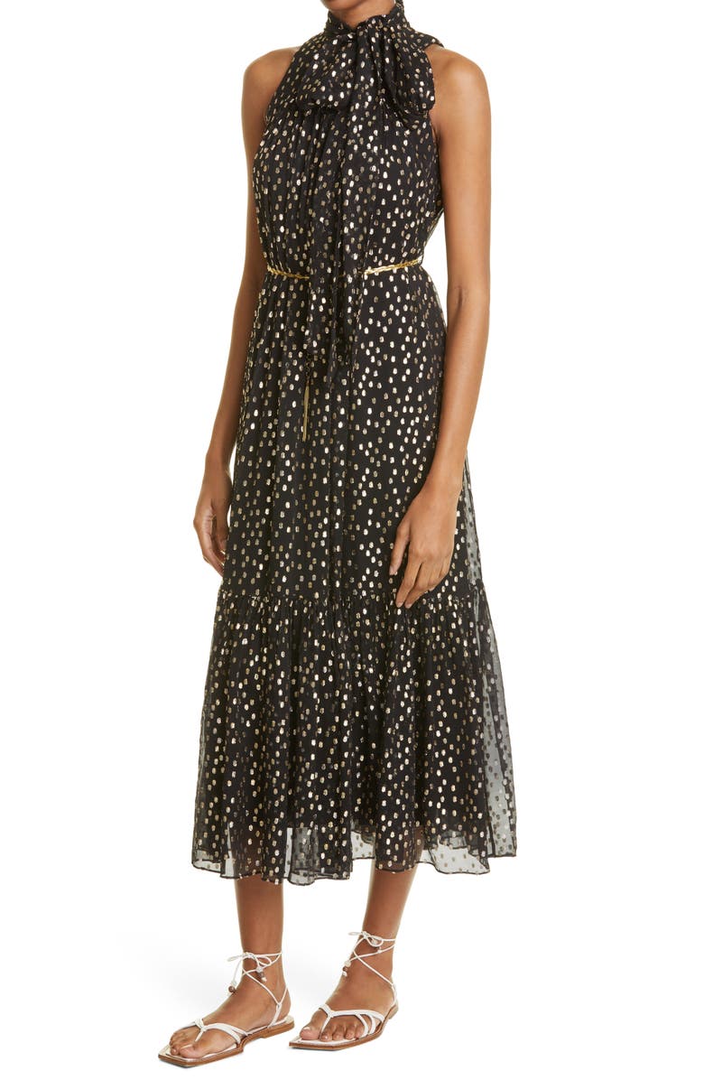 Zimmermann Tie Neck Silk Fil Coupé Midi Dress, Alternate, color, 