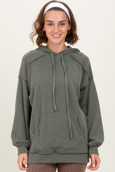 Ribbed Front Pocket Drawstring Hoodie
