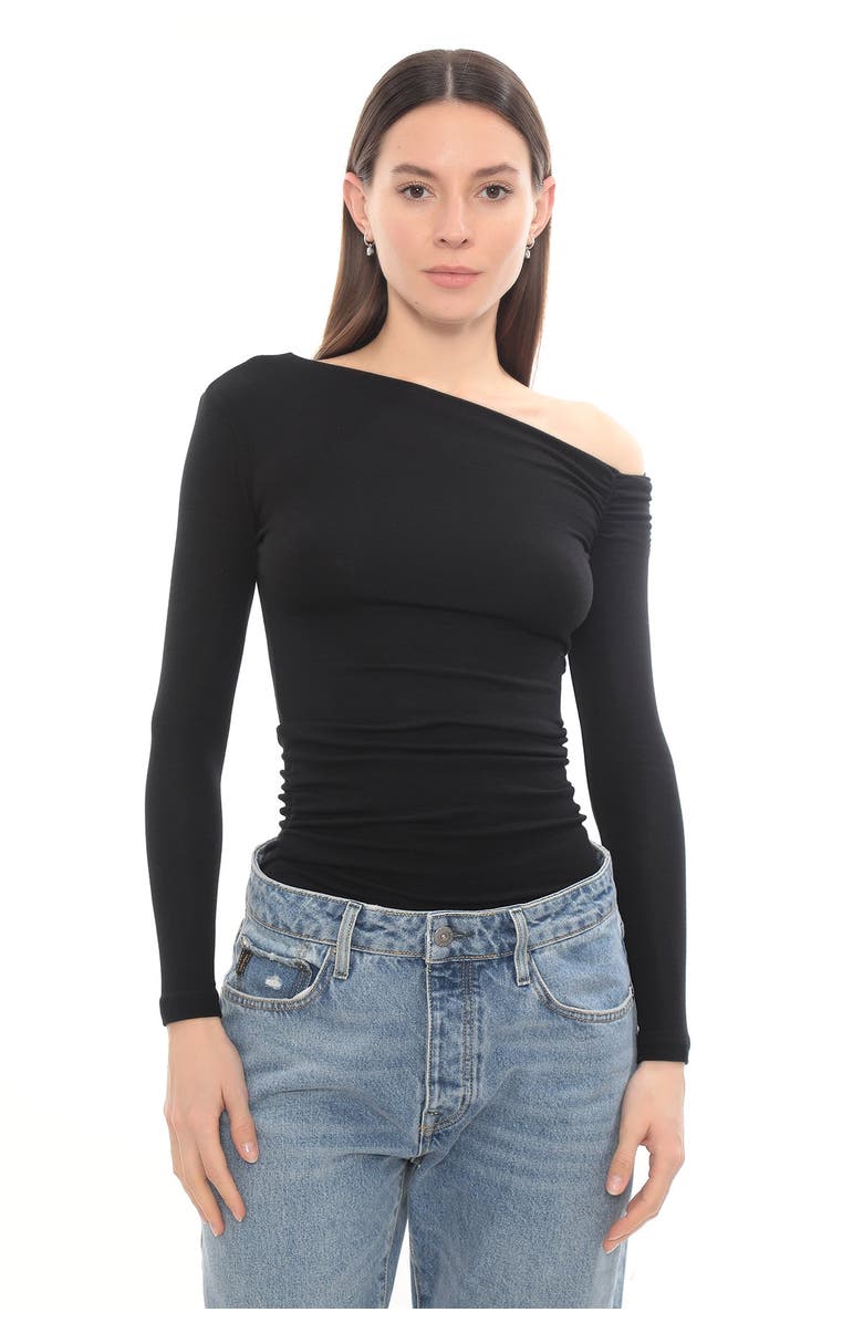 Monlicia Asymmetric Off Shoulder Long Sleeve Stretch Lune Top, Alternate, color, Black