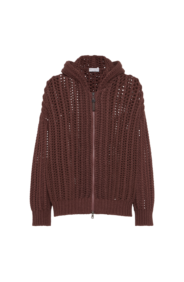 Brunello Cucinelli Ribbed openwork cardigan, Main, color, Brown