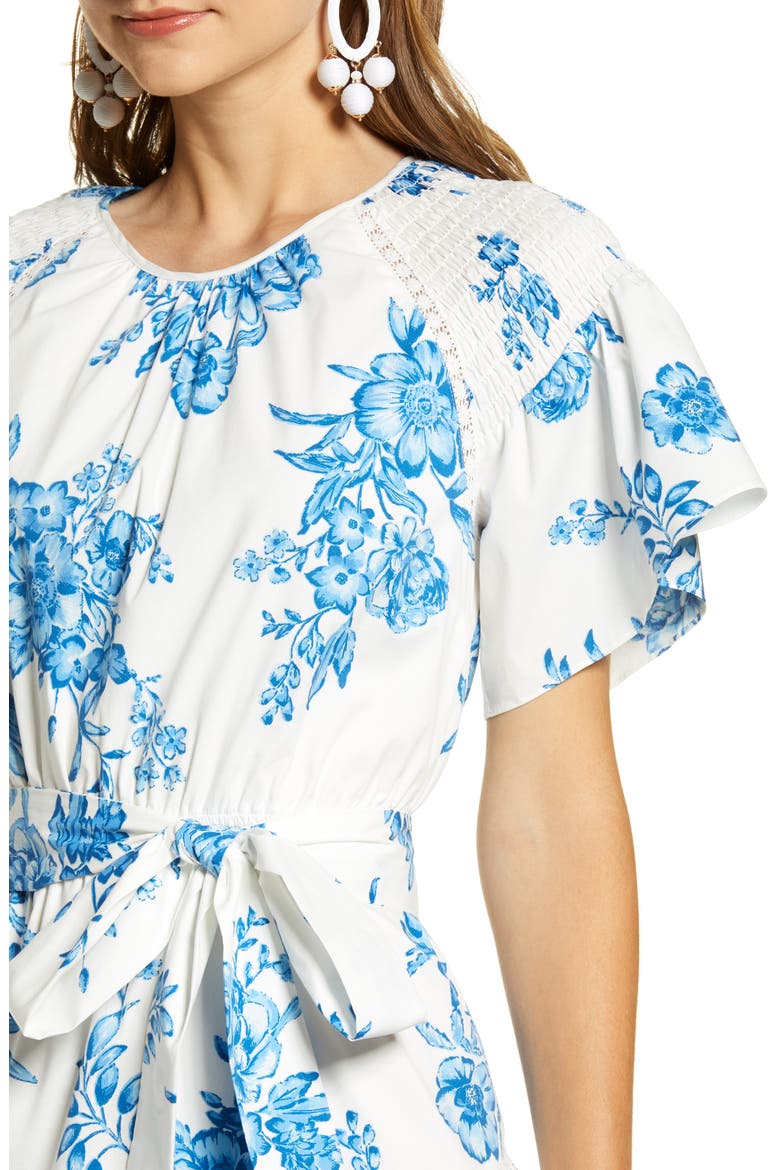 Ruffle Front Tie Stretch Cotton Dress, Alternate, color, BLUE AIR MED BOUQUET