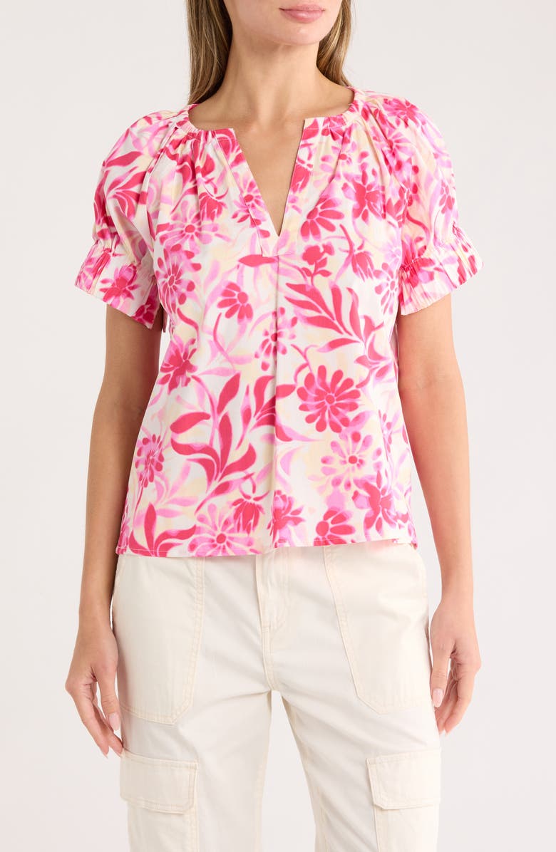 Nicole Miller Split Neck Puff Sleeve Top, Main, color, Pink Floral
