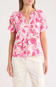 Nicole Miller Split Neck Puff Sleeve Top