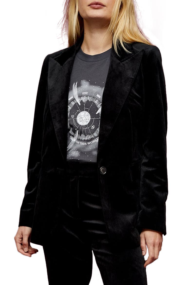Peaked Lapels Velvet Suit Blazer, Main, color, BLACK