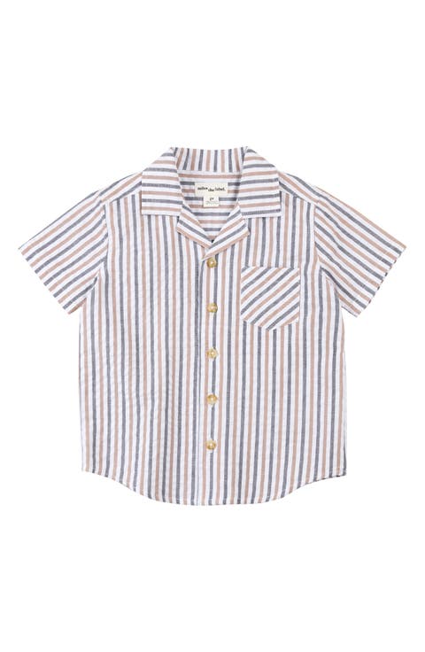 Kids' Stripe Short Sleeve Organic Cotton Button-Up Shirt (Toddler & Little Kid)