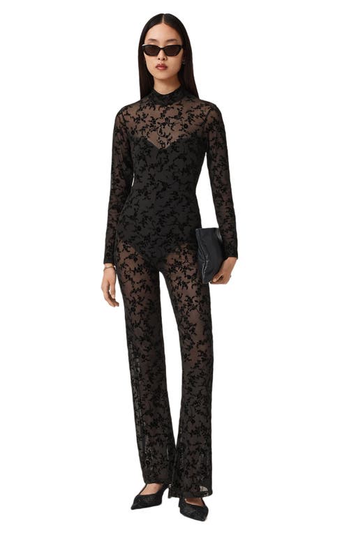 Allsaints Rylee Flock Print Long Sleeve Catsuit In Black