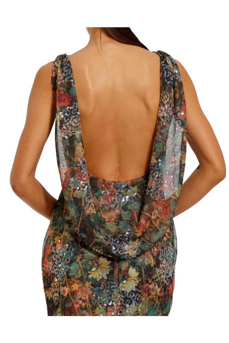 Women's High Neck Printed Mesh Cowl Back Column Gown, Alternate, color, Charcoal Multi