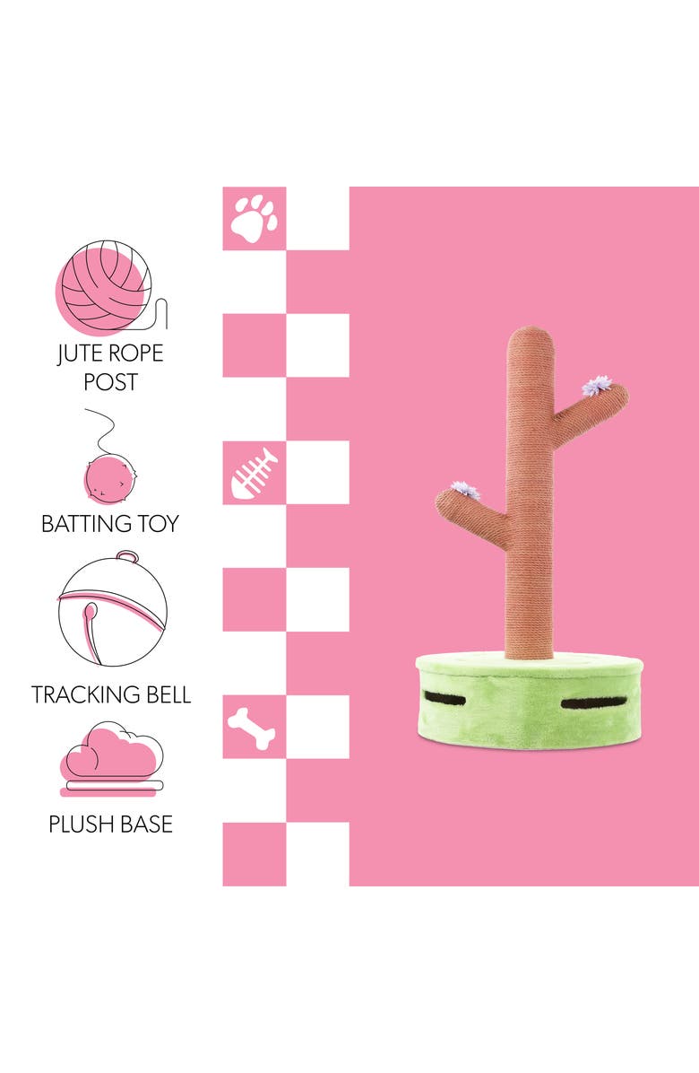 The Licker Store Rosa Modern Jute Cactus Cat Scratching Post with Flower Toys and Built-In Bell Toys, Alternate, color, Pink