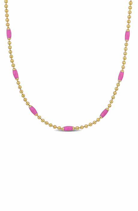 DELMAR 18K Gold Plated Sterling Silver Pink Enamel Station Ball Chain Necklace