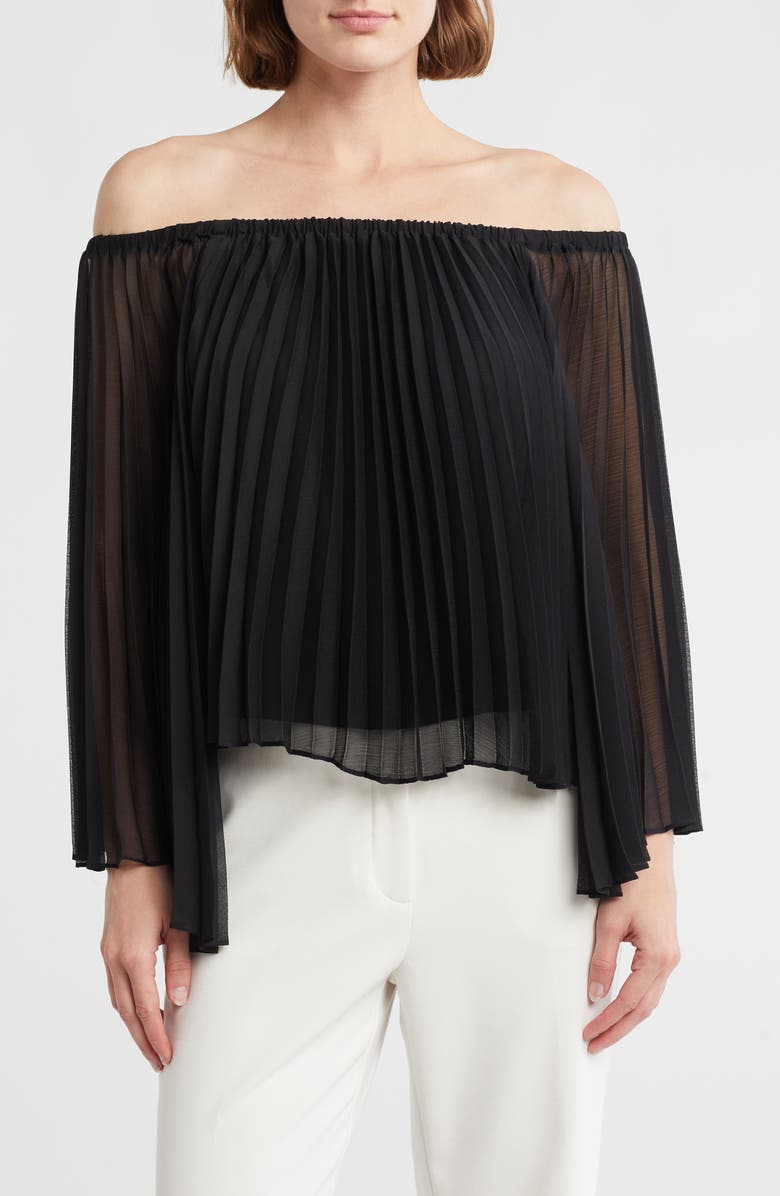 Alice + Olivia Aundrea Pleated Off the Shoulder Top, Main, color,