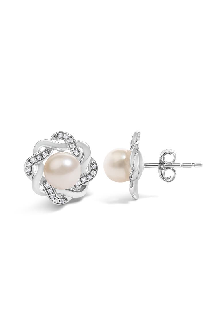 Sterling Silver Pearl and 1/10 Cttw Diamond Floral Twist Stud Earrings, Alternate, color, Silver