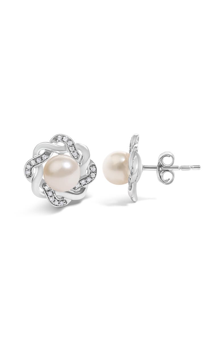 Haus of Brilliance Sterling Silver Pearl and 1/10 Cttw Diamond Floral Twist Stud Earrings, Alternate, color, Silver