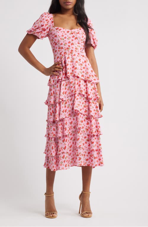 Wayf Agatha Floral Tiered Ruffle Midi Dress In Red Mni Roses
