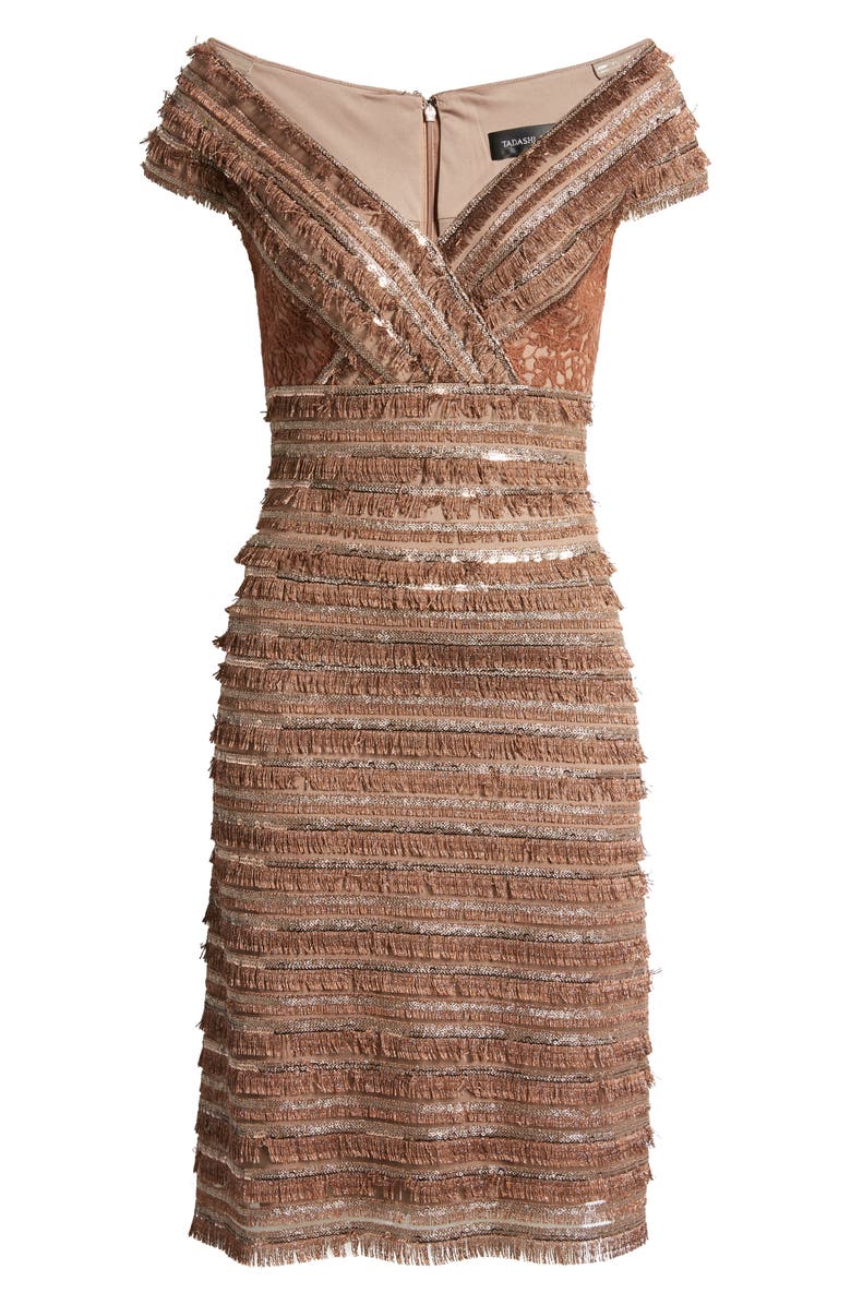 Tadashi Shoji V-Neck Mini Fringe Detail Dress, Alternate, color, 