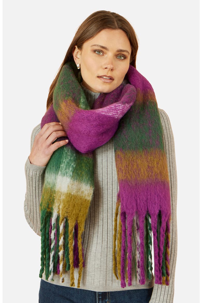 Oversize Brushed Fringe Checked Scarf, Alternate, color, Purple