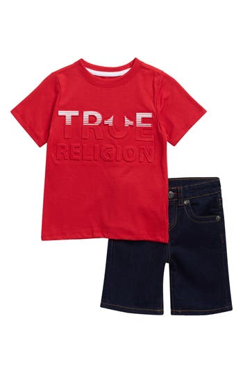 True Religion Kids' Knit Graphic T-shirt & Denim Shorts Set In Multi