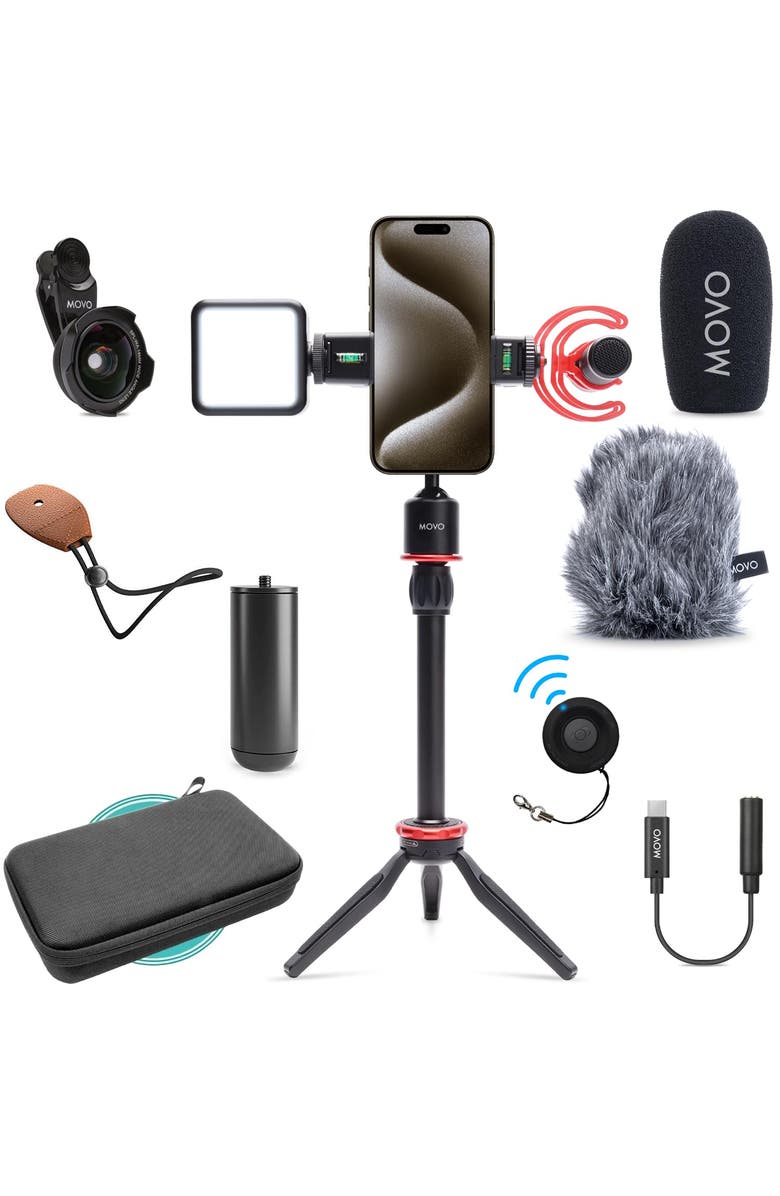 MOVO iVlog1-IP Vlogging Kit for iPhone 15/16/17 and up  (USB-C) with Microphone, Mini Tripod, LED Light, Wide-Angle Lens, Main, color, Black