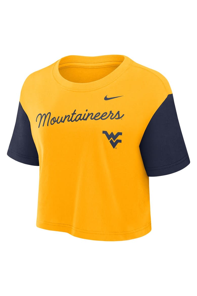 Women's Nike Gold/Navy West Virginia Mountaineers Color-Block Script Performance Cropped T-Shirt, Alternate, color, Gold