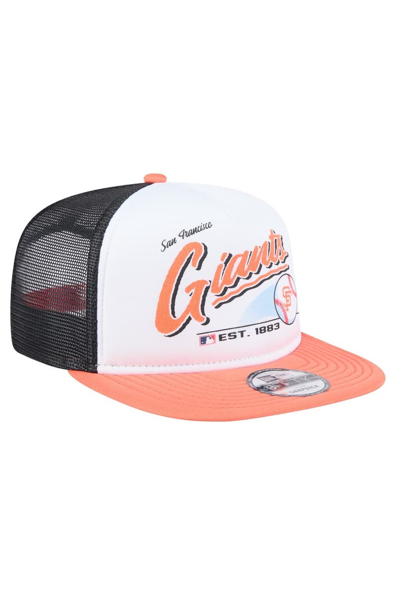 Men's New Era White/Orange San Francisco Giants Retro Script Trucker 9FIFTY Snapback Hat, Alternate, color, White