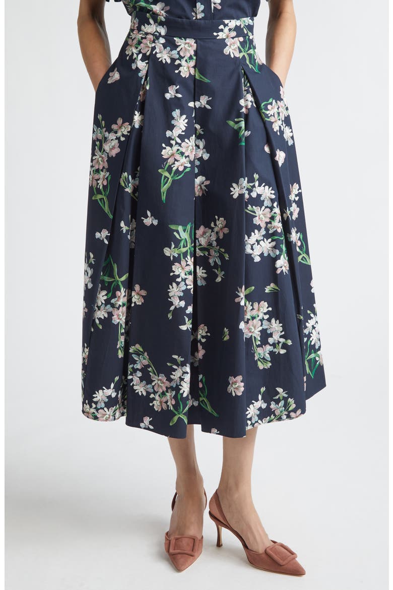Floral Pleated Organic Cotton Poplin Midi Skirt, Main, color, PAINTED ORCHID NAVY