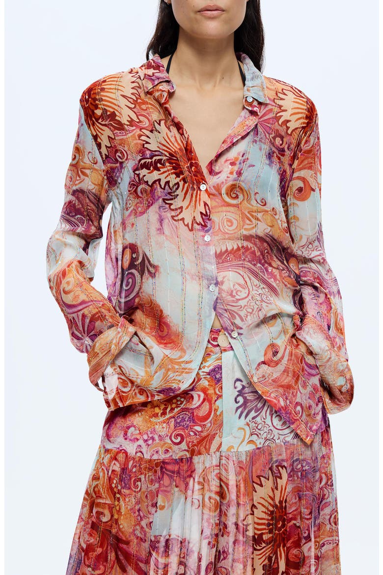 Embroidered Stripe Button-Up Top, Main, color, PINK