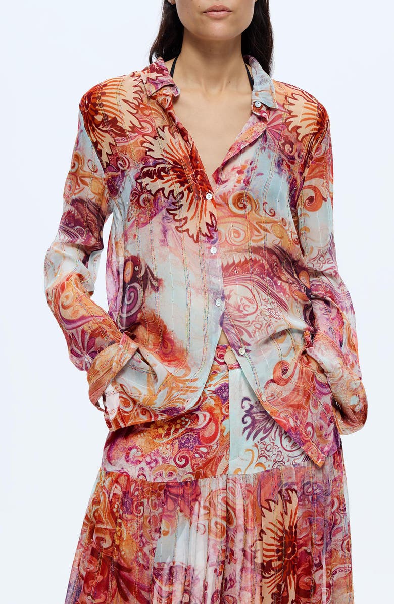 Desigual Embroidered Stripe Button-Up Top, Main, color, Pink