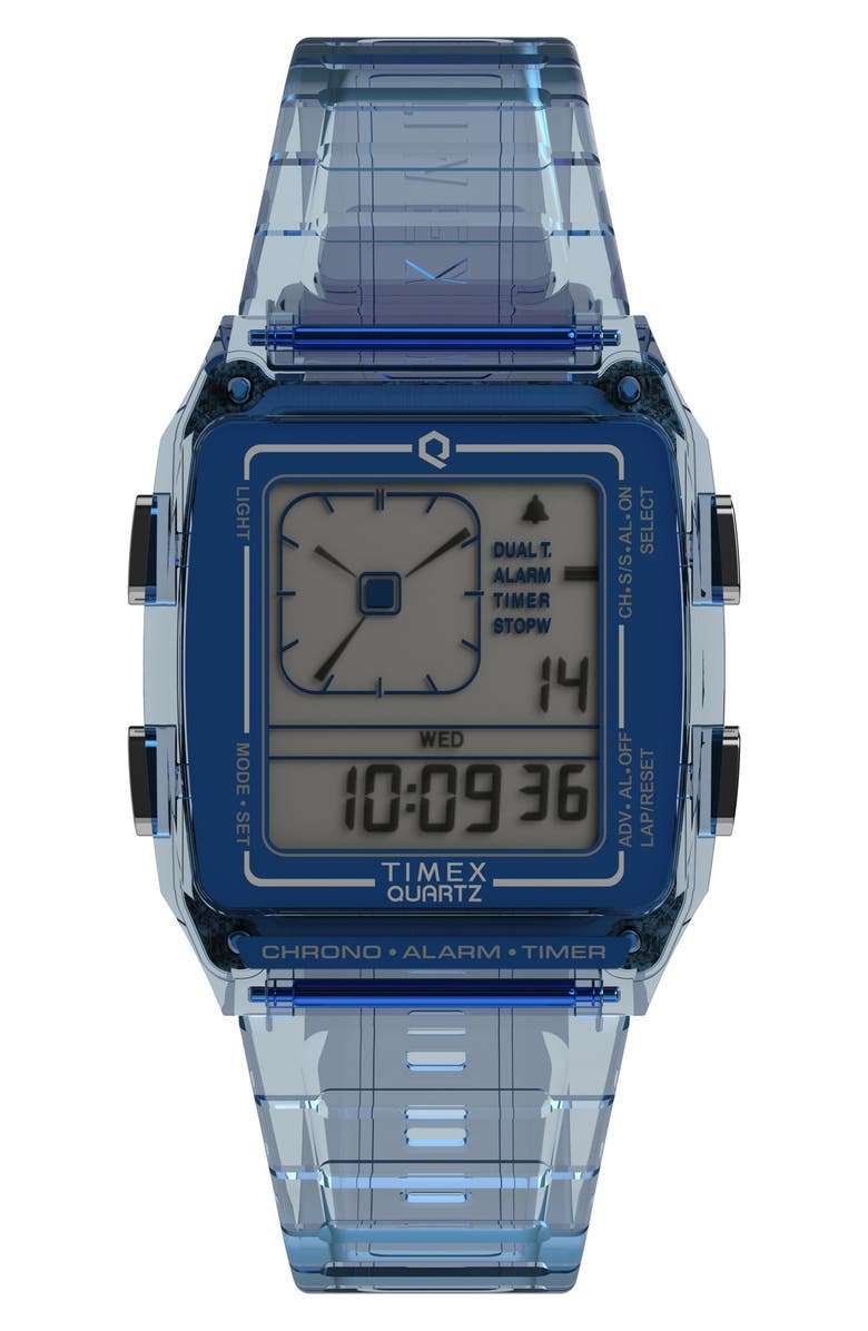 Timex<sup>®</sup> Q Timex Digital LCA Chronograph Resin Strap Watch, 35mm, Main, color, Blue