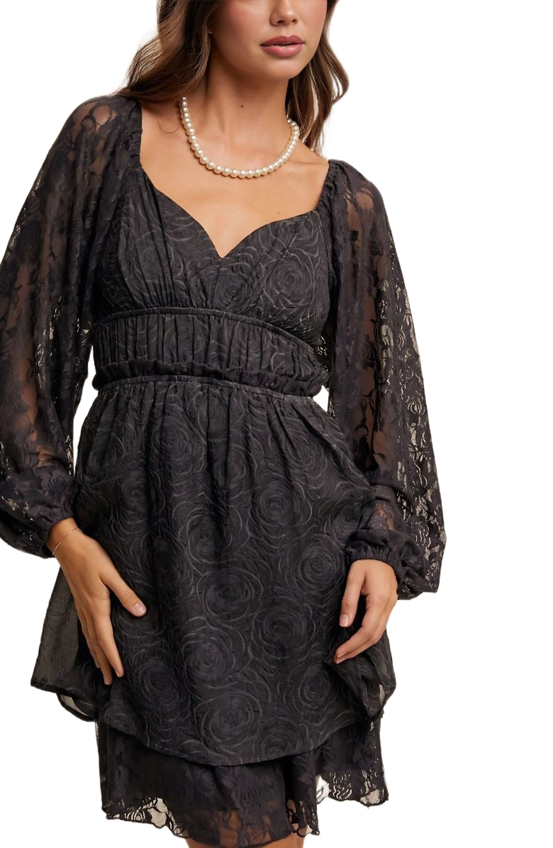 Knit and Lounge Lace Long Sleeve Ruffle Layer Mini Dress, Alternate, color, Black