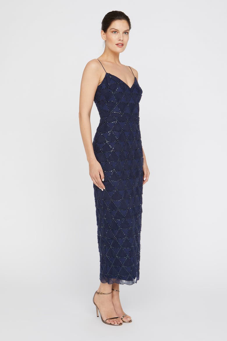 Elsy Textured Tulle Spaghetti Straps Beaded Sheath Dress, Alternate, color, Navy